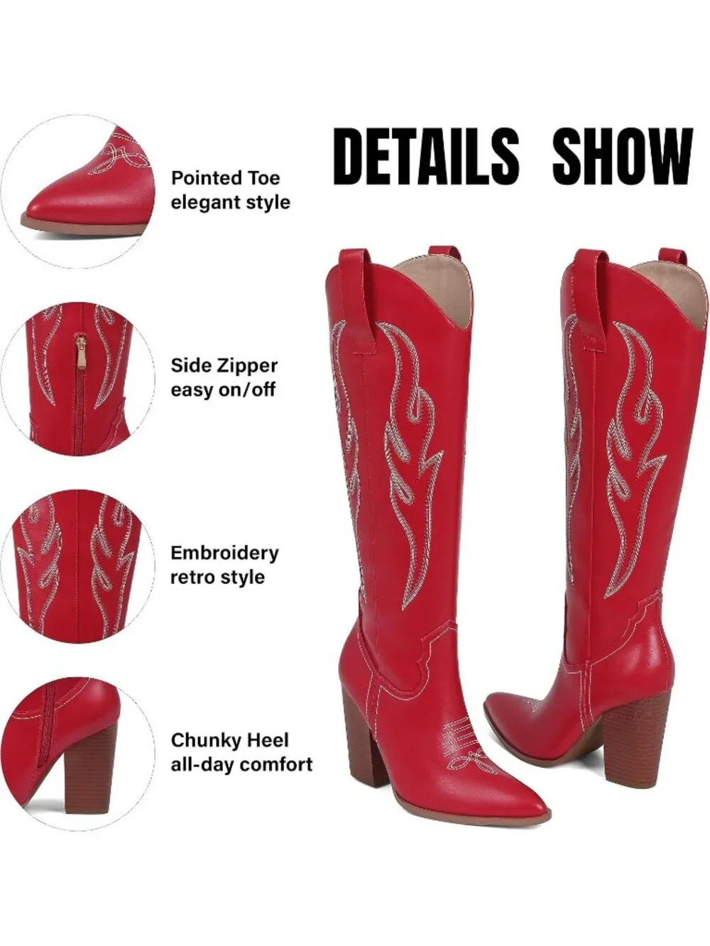 Women's Red Leather Embroidered Rhinestone Wide Calf Side Zipper Cowgirl Boots